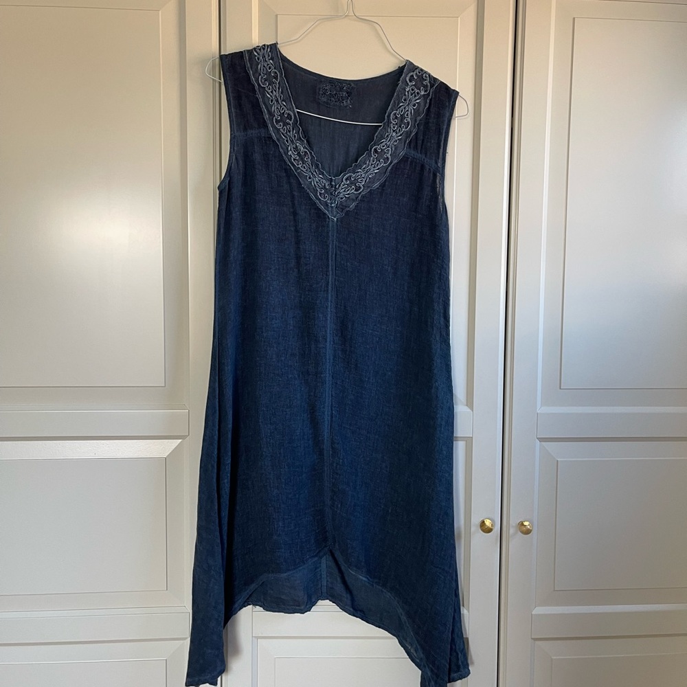 Breezy dark blue linen sundress with asymmetrical hem, size 8.